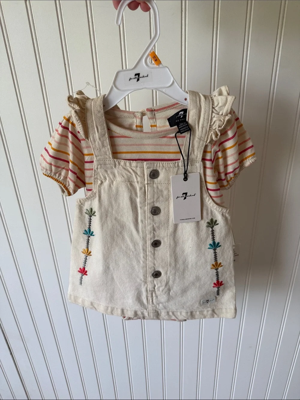 7 For All Mankind Cream Embroidered Overalls with Striped Tee 12 Month